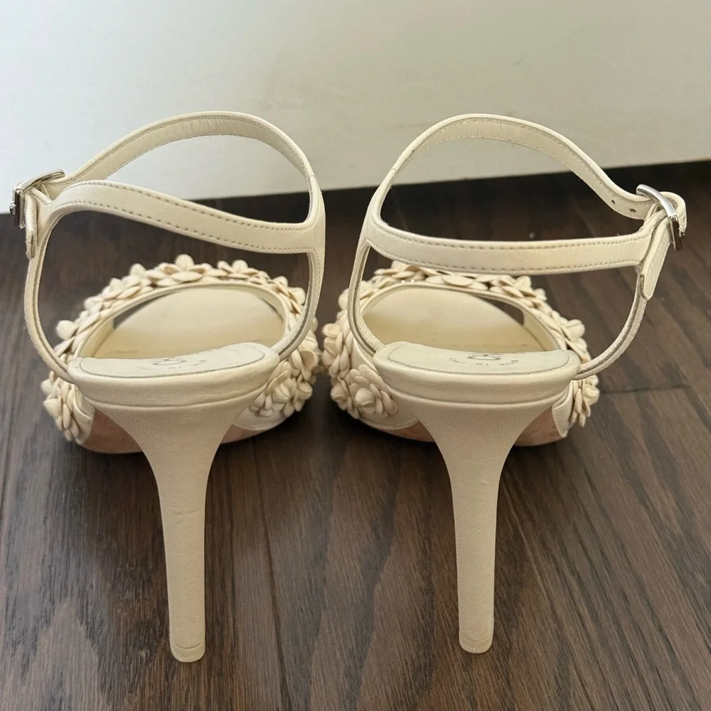 CHANEL Camellia Ankle Strap Interlocking CC Logo Lambskin Leather Heels 38.5